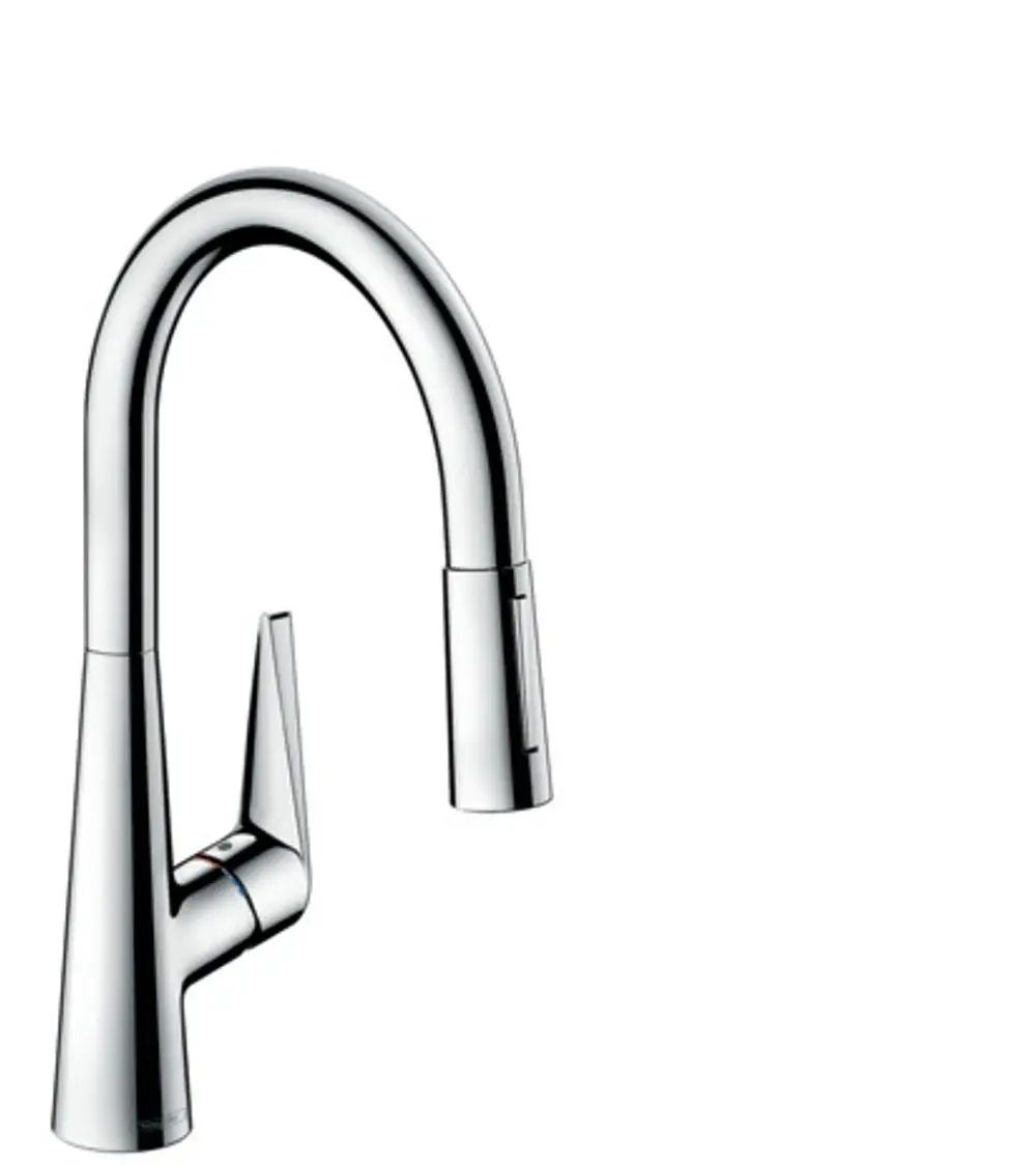Hansgrohe Spültischmischer mit hohem Bogen und ausziehbarer Brause, ausgestattet mit zwei Strahlarten, in verchromter Ausführung.